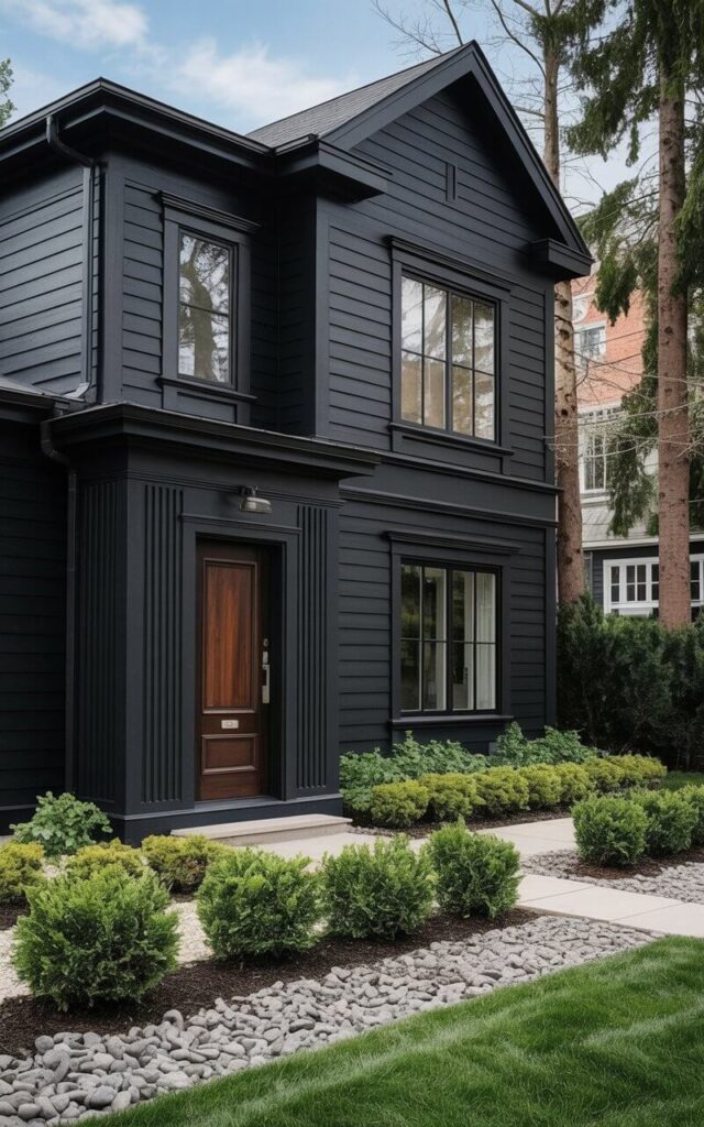 A black house exterior with textured siding, showcasing a very well designed home that emphasizes depth and visual interest while remaining minimalist. Vertical panels and ribbed materials break up the black surface, creating a dynamic façade. The front door has a door handle and is designed with a subtle wood accent that complements the siding. Large windows with slim black frames allow natural light into the interior. Minimalist landscaping includes gravel beds and low shrubs. This black house exterior illustrates how texture and clean design elevate a bold, modern home.