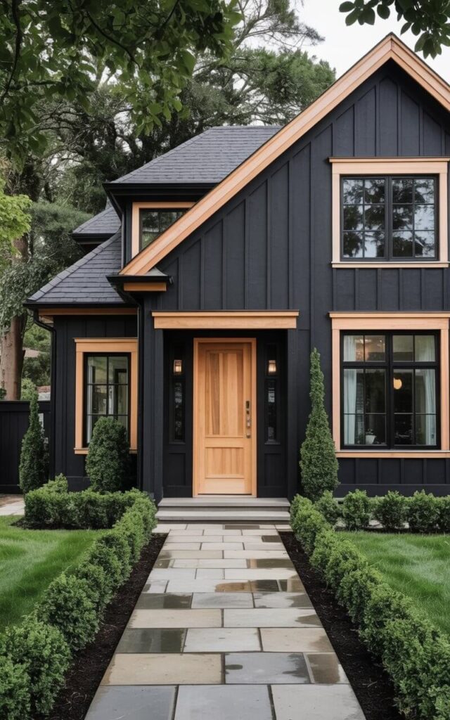 This black house exterior combines dramatic black siding with warm, natural wood accents for a cozy yet bold effect. Vertical wooden panels frame the minimalist façade, and a wooden front door with a door handle provides a welcoming focal point. Large windows with slim black frames punctuate the walls, balancing darkness with transparency. Stone pavers lead to the entrance, and subtle greenery softens the sharp lines. The design is clean, deliberate, and minimalist, presenting a very well designed home that feels both modern and inviting in equal measure.