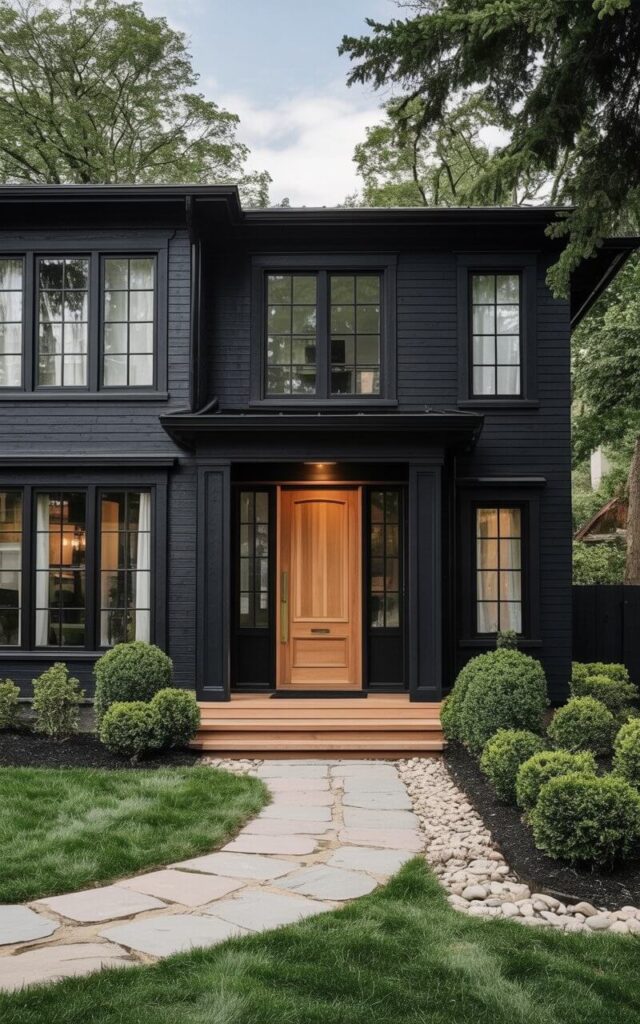 A modern black house features a warm-toned wood front entry with a brushed brass door handle. The exterior walls are painted a deep matte black, contrasted by large rectangular windows with thin black frames. A winding stone pathway leads to the front door, bordered by neatly trimmed boxwood shrubs and river rocks. The house sits on a flat, grassy lawn beneath a clear sky with soft, diffused sunlight.