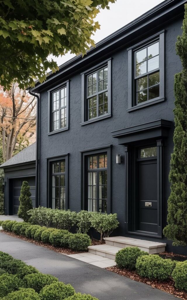 A black house exterior finished in textured stucco, forming a very well designed home with a minimalist aesthetic. The façade is matte black, smooth yet subtly textured to add depth. Windows are large and framed with thin black trim, accentuating the clean lines. The front door has a door handle and is flush with the stucco wall, maintaining a minimalist look. Minimal landscaping with small shrubs and stone paths complements the bold exterior. This image captures the elegant simplicity of a black house exterior that is striking, modern, and architecturally intentional.